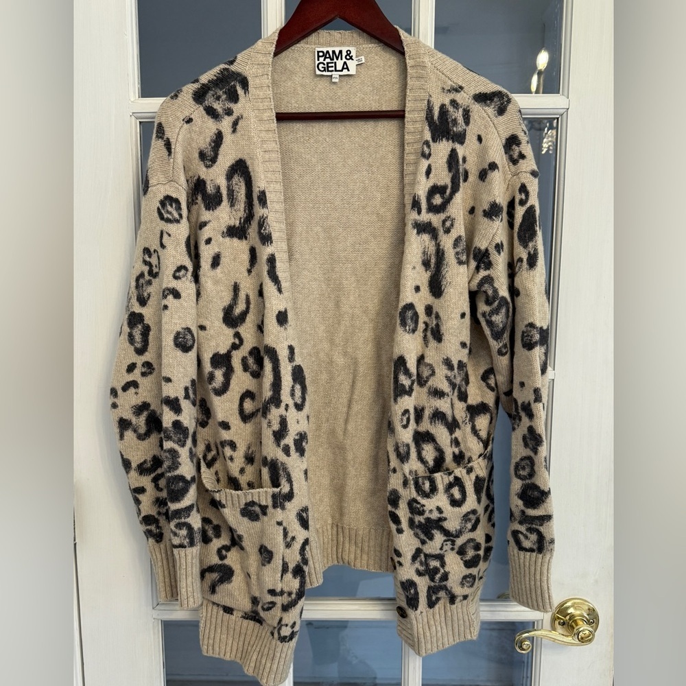 PAM & GELA Women's Leopard Print Open Front Cardigan Sweater Size S